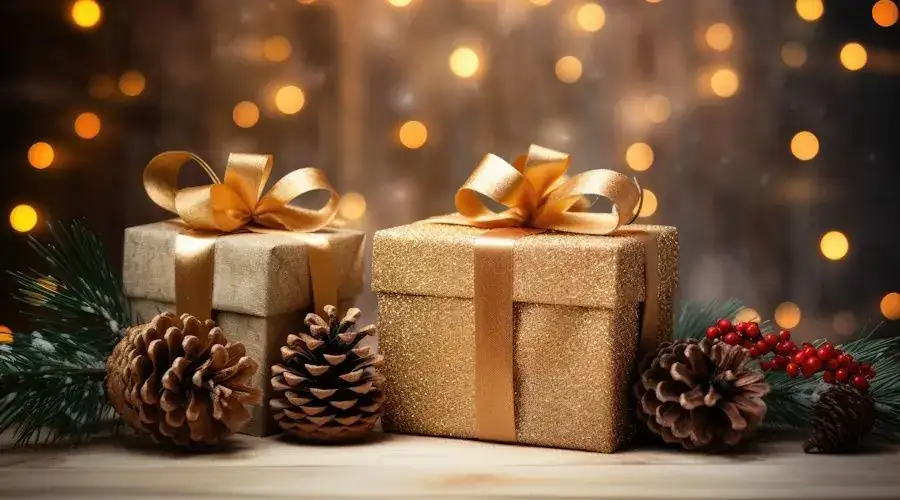 Gold wrapped presents and christmas decorations
